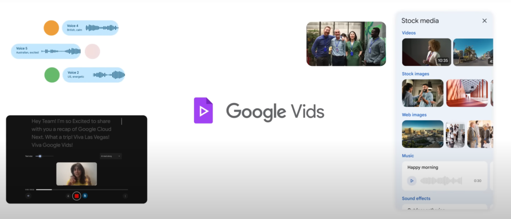 Choose videos and pics from google photos or drive to add in the video - Google Vids