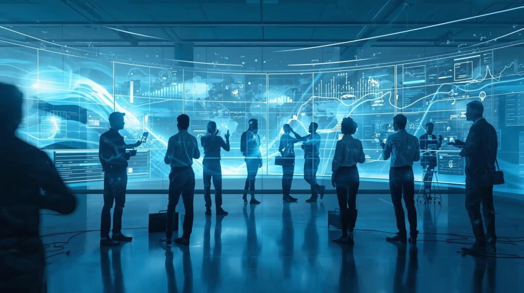 Team of startup founders collaborating with global developers through AI-powered digital workspace - representing how outsourcing helps startups scale faster.