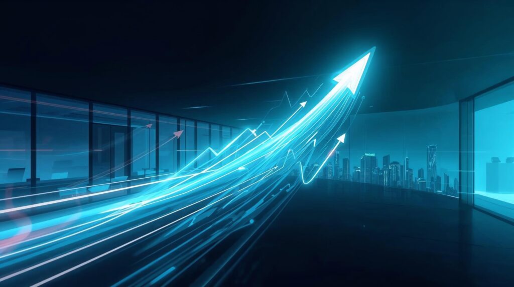 Abstract arrows and data visuals illustrating startup growth acceleration and the need for rapid scaling in a competitive tech market.