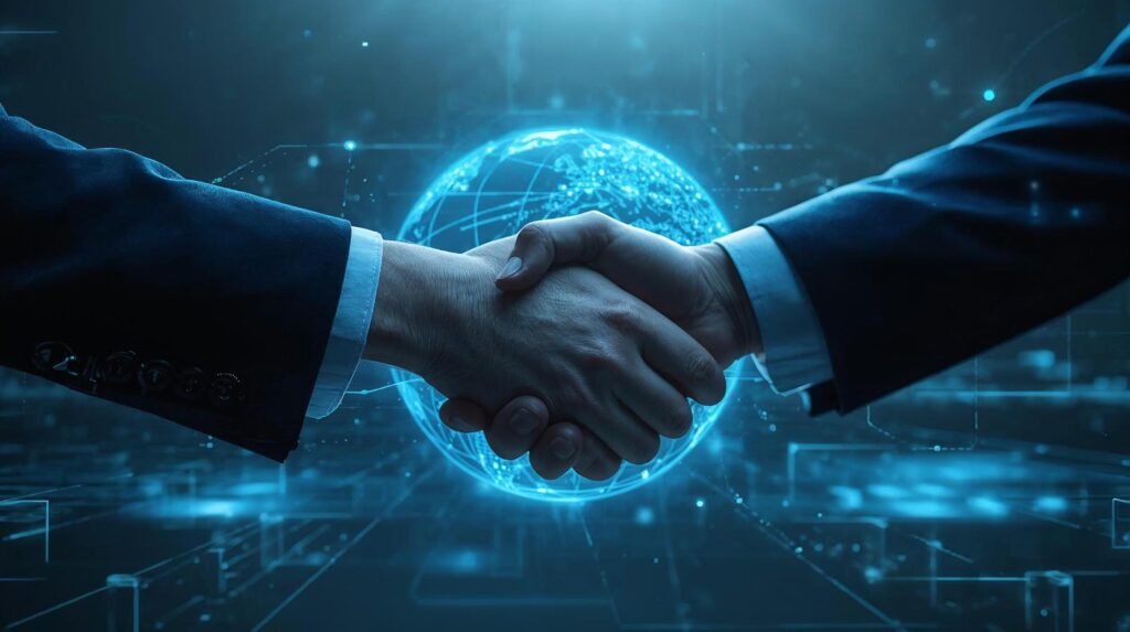 Handshake between two professionals over a holographic globe, symbolizing global collaboration and strategic outsourcing partnerships.