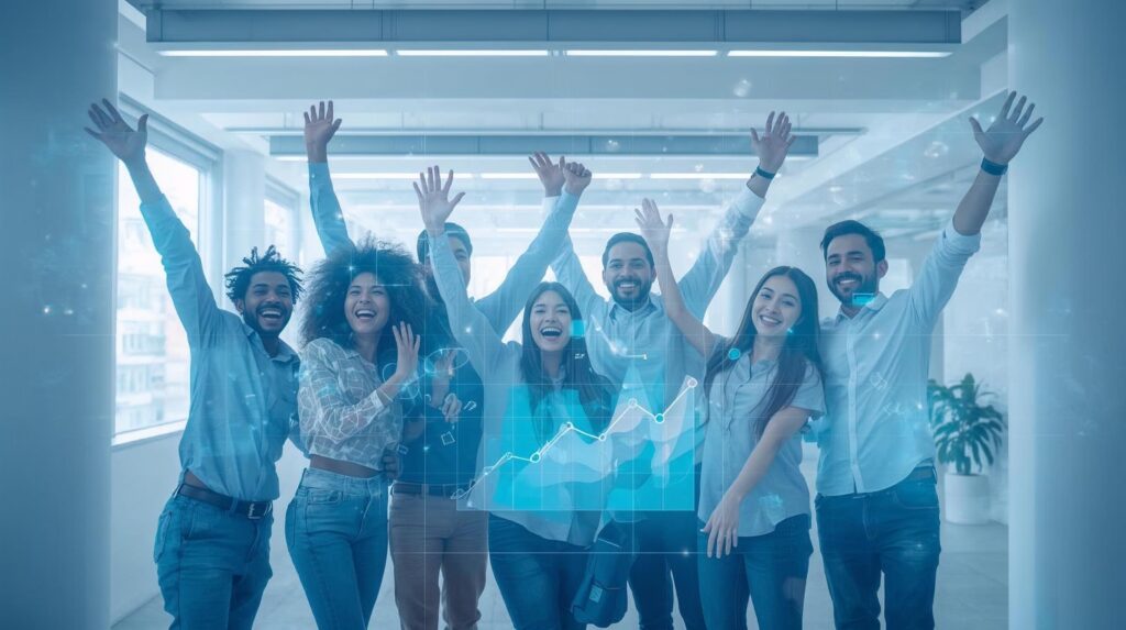 Startup team celebrating growth success with AI dashboards and glowing data streams — illustrating smarter, faster scaling through outsourcing.