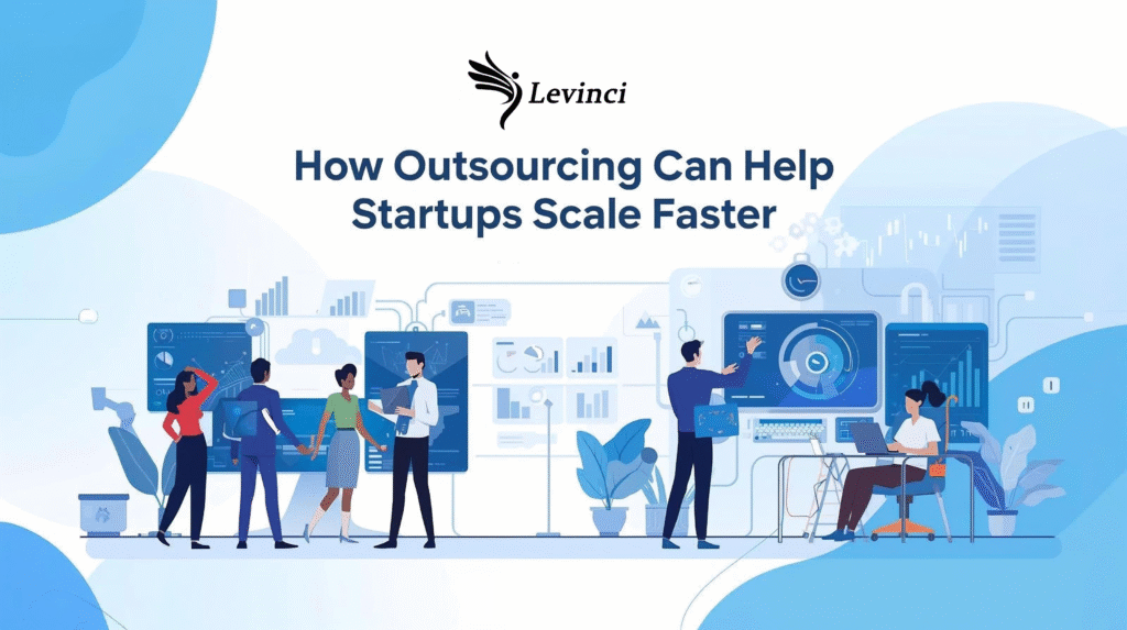 Illustration of a tech startup team collaborating through AI-powered tools, representing how outsourcing helps startups scale faster.